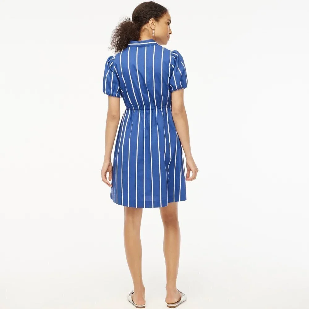 J. Crew NWT Short-Sleeve Cotton Striped Blue + White Tie-Waist Mini Dress, 10